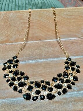 Elegant Gold-Tone Bib Necklace with Black and clear crystal Gem Accents